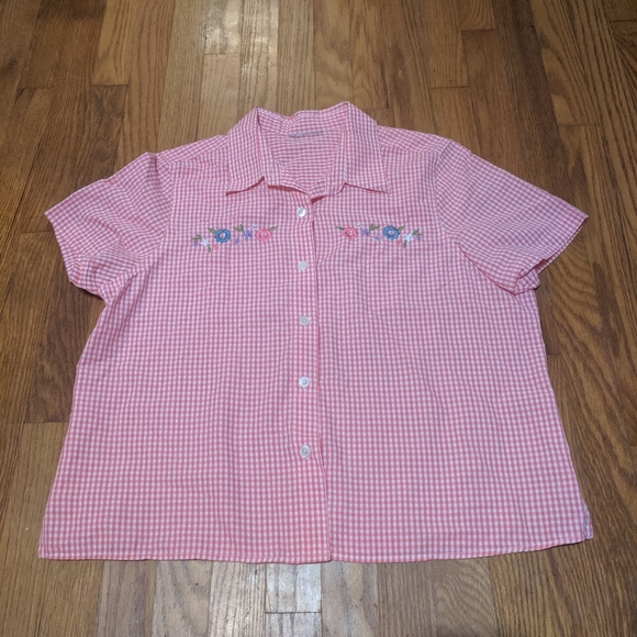 80s Pink gingham and floral Embroidered Shirt - Picture 6 of 6
